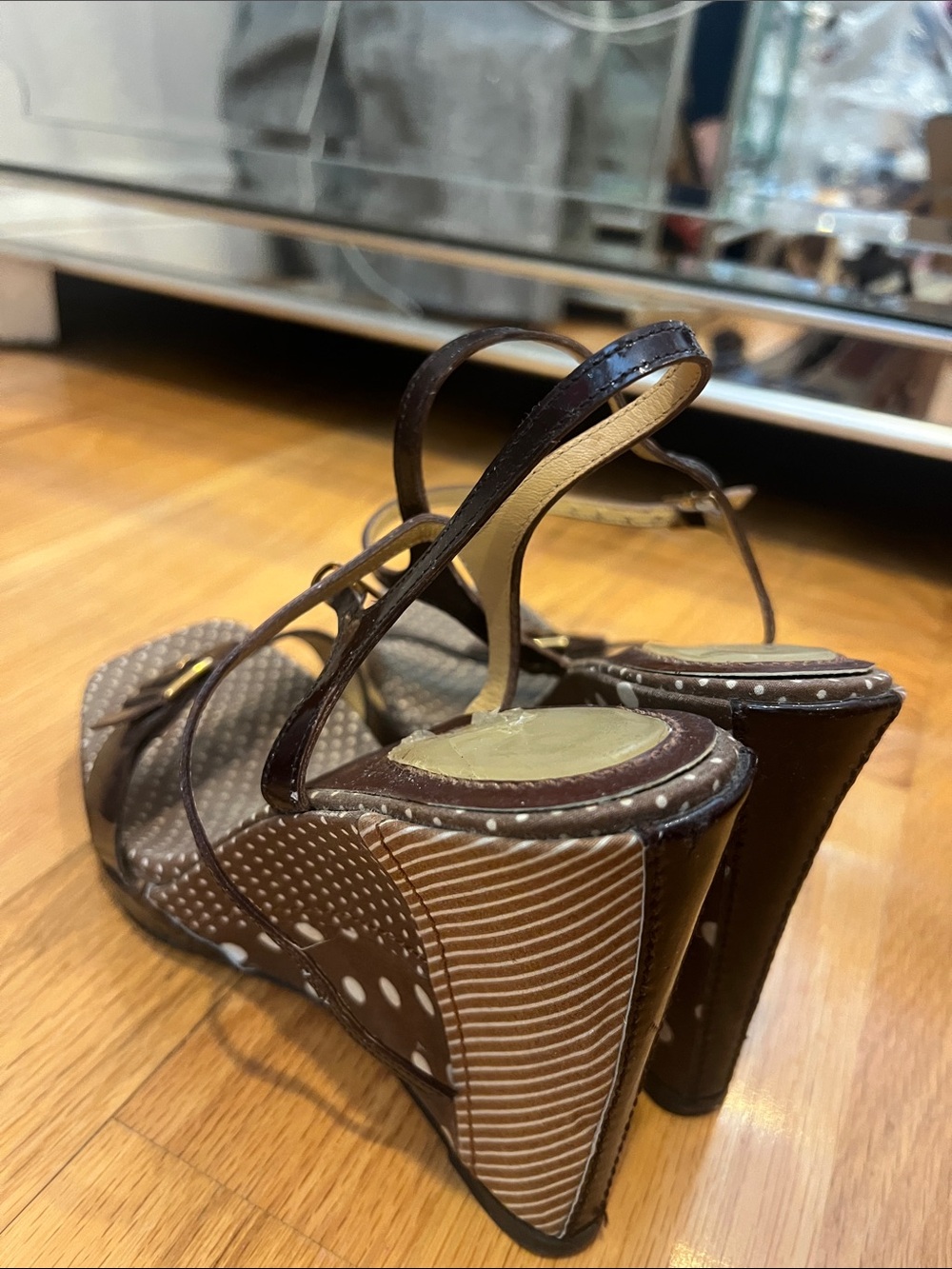 Casadei Brown Patent Leather Polka Dot Wedge Sandals - Picture 4 of 11